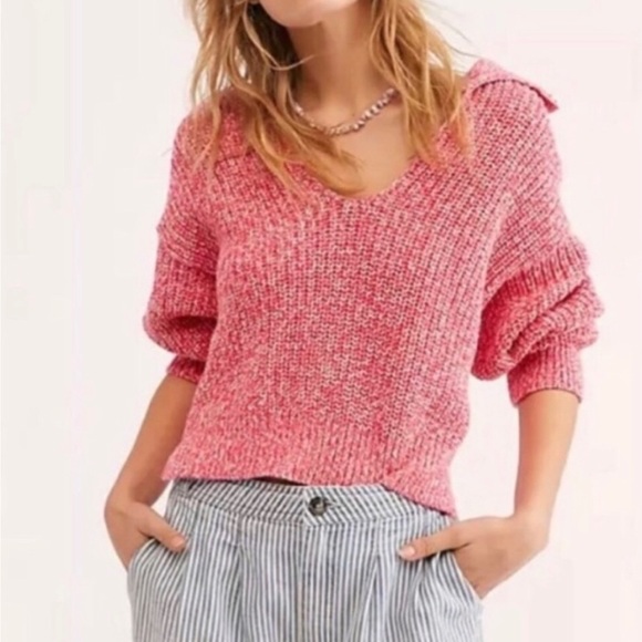 Free People Pink Collared Deep V Sweater L Marled Knit Pullover Boho Top - Picture 4 of 13